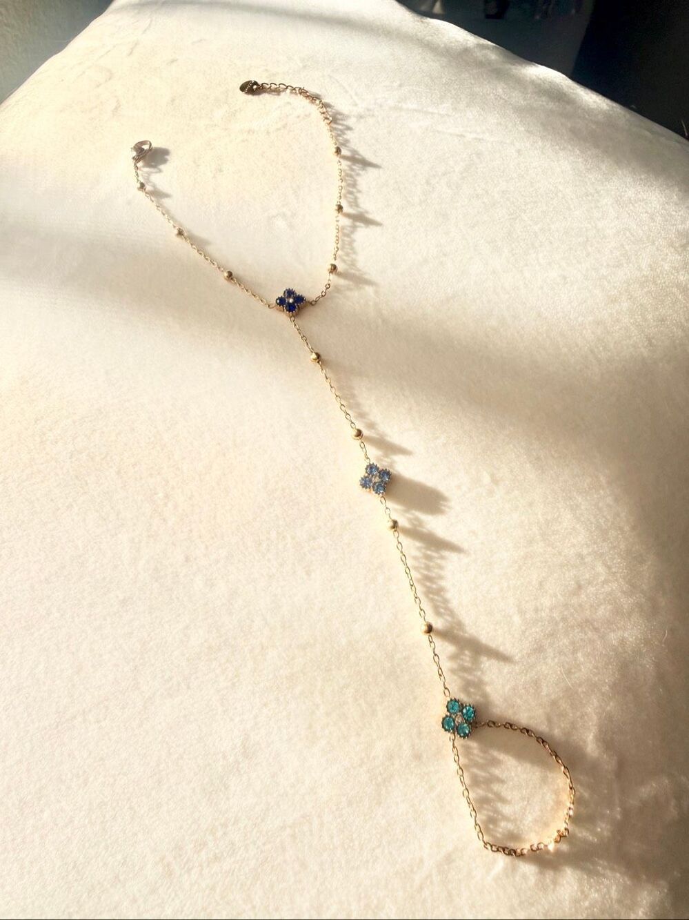 Blue Crystal Floral Hand Chain Bracelet Ring Gold Tone Boho Jewelry